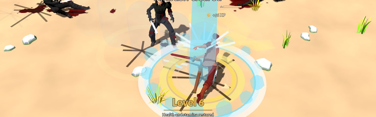 A champion stands among the fallen. Ambush cleared, level 6.